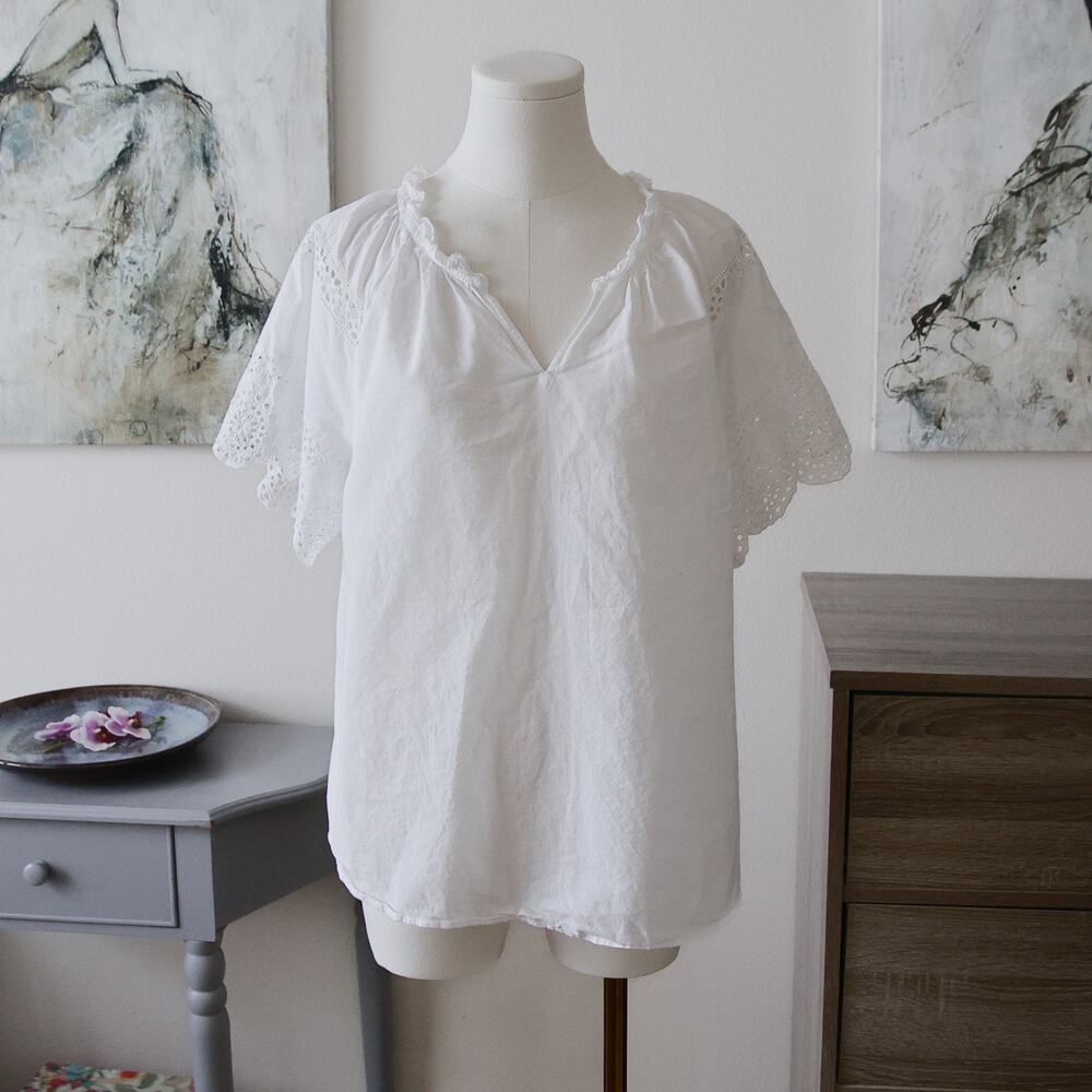 Talbots white cotton eyelet peasant blouse size L